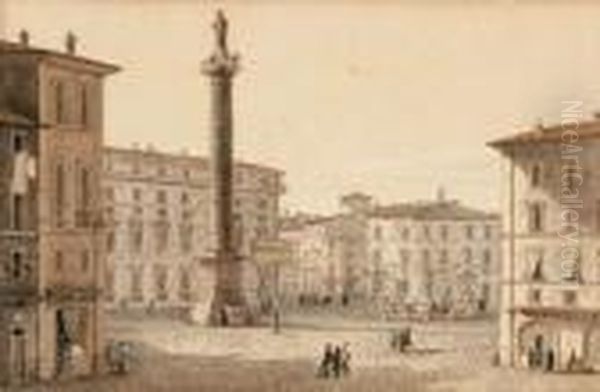 Vue De La Place Antonine A Rome
 Aquarelle Et Plume Et Encre Brune - view 1