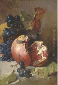 A pomegranate and a bunch of grapes on a ledge by Jean-Baptiste Robie