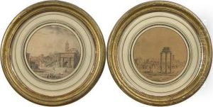 Deux Vues De Monuments Romains. Paire De Dessins A Vues Rondes by Victor-Jean Nicolle