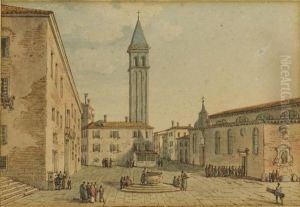 Vue D'une Place Italienne, Une Tour A L'arriere-plan by Victor-Jean Nicolle