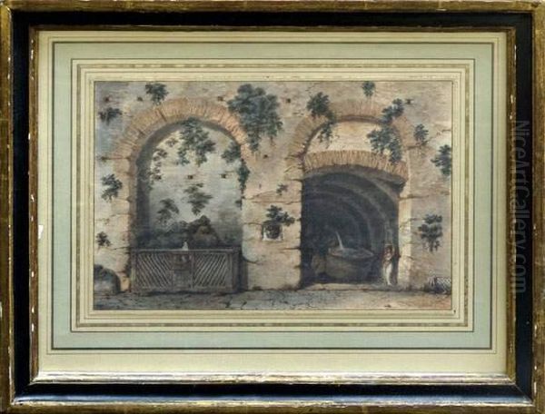 Personnages Dans Des Ruines Romaines Et Tombeau Antique Transforme En Fontaine. - view 1