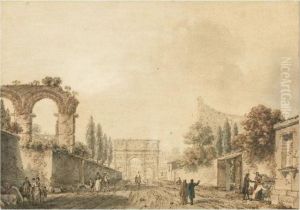 Groupe De Visiteurs Dans Le 
Forum A Rome Avec Le Colisee Et L'arc De Constantin [, Figures In The 
Forum In Rome With The Coliseum And The Arch Of Constantine, Brown Ink, 
Pen And Watercolour, Grey Wash, Signed Lower Right ] by Victor-Jean Nicolle