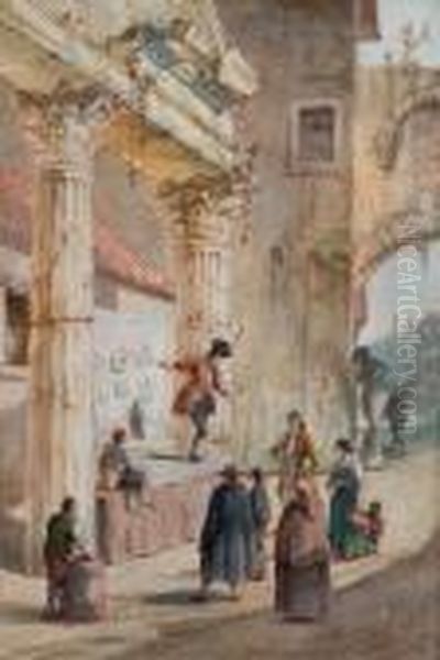Un Marchand Ambulant, Sur Une
Estrade Installee Sous Un Portique Antique, Harangue Quelques
Spectateurs - view 1
