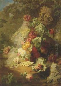 A Still Life of Lace, Flowers and Gloves in a Garden by Jean-Baptiste Robie