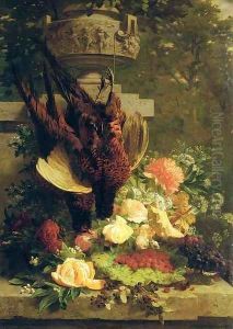 Hanging pheasants with summer flowers on a stone ledge in a garden by Jean-Baptiste Robie