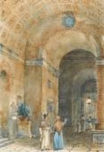 A Shrine In The Interior Of A Monastery; A Woman Adorning A Shrine With Flowers
