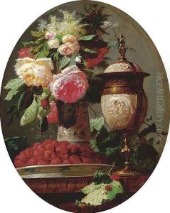Still Life of Flowers with Raspberries and an Urn on a Table in a painted Oval by Jean-Baptiste Robie