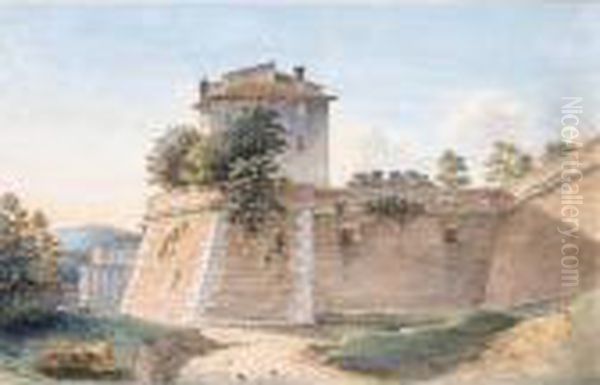 Three Views Outside Rome, One With A Roman Wall With An Archway Over Ruins Of A Temple - view 1