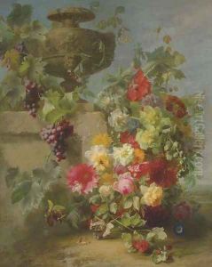 Still Life of Roses, Morning Glories, Chrysanthemums, Forget-me-nots, Grapes and Raspberries by a decorative stone Urn on a Ledge in a Landscape by Jean-Baptiste Robie