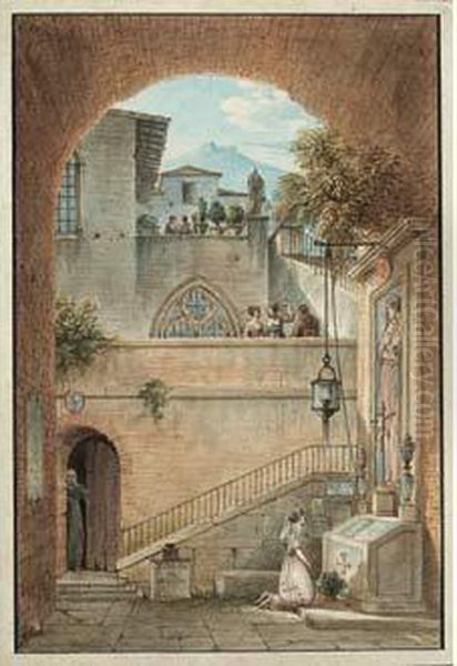 Femme Se Recueillant Devant Une Chapelle En Plein Air, Personnages
Sur Les Terrasses D'un Monastere - view 1