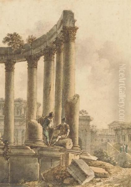 Une Fantaisie Romaine Avec Deux Soldats Sur Les Ruines D'un Temple Circulaire - view 1