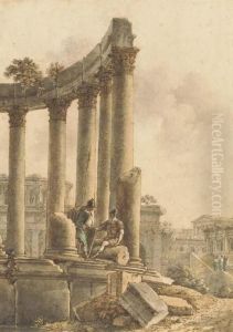 Une Fantaisie Romaine Avec Deux Soldats Sur Les Ruines D'un Temple Circulaire by Victor-Jean Nicolle