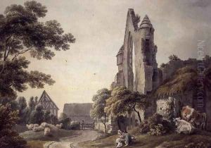 A ruined abbey near a Farmyard by Michael Angelo Rooker
