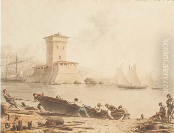 Sailors Hauling A Boat Up A Beach, A Tower Seen Across A Baybeyond - view 1