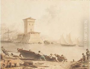 Sailors Hauling A Boat Up A Beach, A Tower Seen Across A Baybeyond by Victor-Jean Nicolle