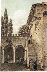 The Courtyard Of The Monastery 
At Grottaferrata, With Friars Conversing At The Foot Of A Staircase by Victor-Jean Nicolle