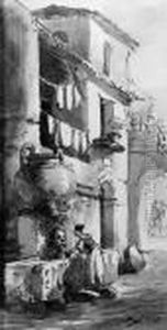 An Italian Street With A Woman Washing Clothes At A Fountain by Victor-Jean Nicolle