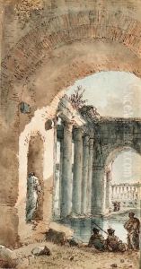 An Inundated Temple Seen Through An Arch, With A Group Of Soldiersin The Foreground
