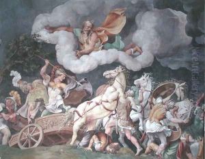 Achilles dragging the body of Hector round on his chariot, detail from the ceiling of the Sala di Troia, c.1538 by Giulio Romano (Orbetto)
