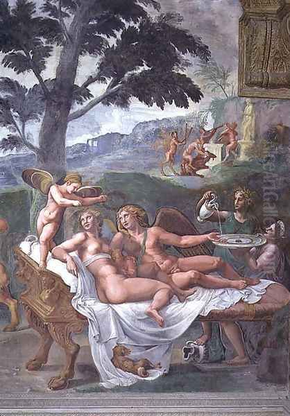 Cupid and Psyche with their daughter Voluptuousness, waited on by Ceres who pours water into a basin held by Juno, detail of the noble banquet, from the Sala di Amore e Psiche, 1528 - view 1