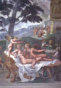Cupid and Psyche with their daughter Voluptuousness, waited on by Ceres who pours water into a basin held by Juno, detail of the noble banquet, from the Sala di Amore e Psiche, 1528 by Giulio Romano (Orbetto)