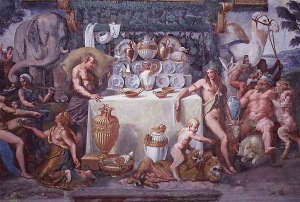 The noble banquet celebrating the marriage of Cupid and Psyche, detail showing Dionysius and Silenus to the right of a table bearing the dinner service, from the Sala di Amore e Psiche, 1528 - view 1