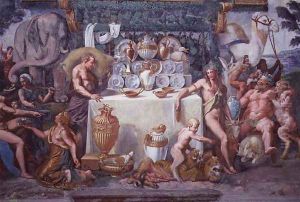 The noble banquet celebrating the marriage of Cupid and Psyche, detail showing Dionysius and Silenus to the right of a table bearing the dinner service, from the Sala di Amore e Psiche, 1528 by Giulio Romano (Orbetto)