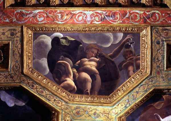 A nymph pouring water from a jug, a putto urinating and another putto holding an urn, ceiling caisson from the Sala di Amore e Psiche, 1528 - view 1