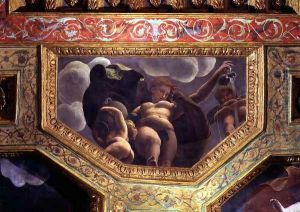 A nymph pouring water from a jug, a putto urinating and another putto holding an urn, ceiling caisson from the Sala di Amore e Psiche, 1528