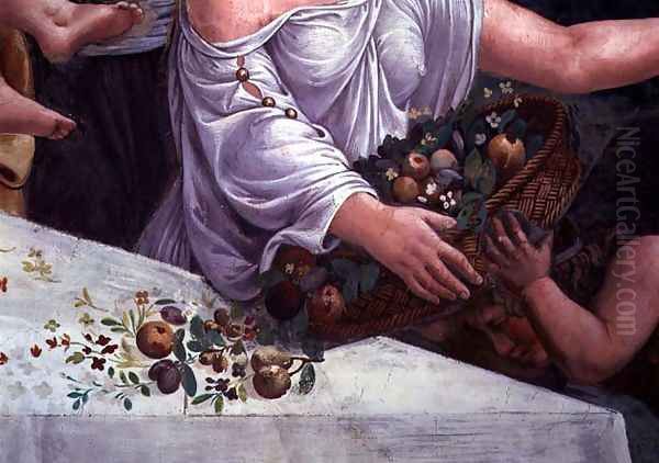 A basket of fruit and flowers, detail of the rustic banquet celebrating the marriage of Cupid and Psyche from the Sala di Amore e Psiche, 1528 - view 1