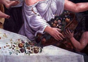 A basket of fruit and flowers, detail of the rustic banquet celebrating the marriage of Cupid and Psyche from the Sala di Amore e Psiche, 1528 by Giulio Romano (Orbetto)