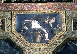 A nymph pouring water from an urn aided by putti, ceiling caisson from the Sala di Amore e Psiche, 1528 by Giulio Romano (Orbetto)