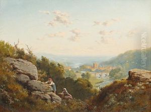 Extensive Landscape With Distant
 View Of A Town And Children Climbing Rocks In The Foreground