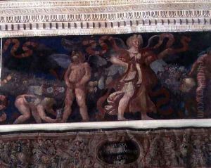 Frieze from the Camera con Fregio di Amorini Chamber of the Cupid Frieze detail of a cupid urinating in a jug, 1520s by Giulio Romano (Orbetto)