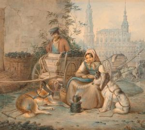 Kohlenverkauferin Mit Hundewagen Vor Der Dresdner Hofkirche.