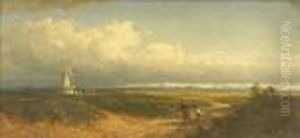 Windmill In An Extensive Lowland Landscape, Mother And Child On A Cart Track
