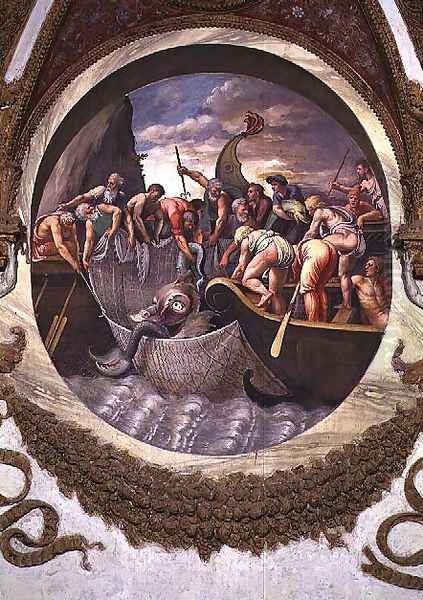 Scene showing that those born under the sign of Pisces in conjunction with the constellation of Belua are adept at fishing, symbolised by the capture of a sea monster, from the Camera dei Venti, 1528 - view 1