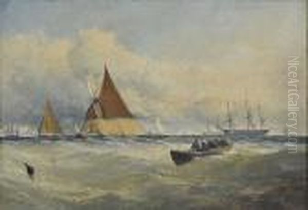 Hay Barge And Other Vessels On The Thames, Signed And Dated '58, Oil On Board - view 1