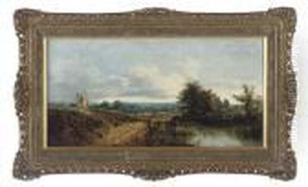 Figure On A Country Track By A River, A Windmill Beyond - view 1