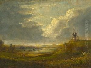 Extensive Country Landscape With Windmill And Figures by Edmund John Niemann