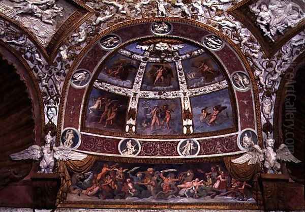 Camera delle Aquile, detail of ceiling showing a frieze of a battle between tritons and centaurs, a lunette above depicting mythological scenes and a framework of stucco decoration, 1528 - view 1