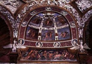 Camera delle Aquile, detail of ceiling showing a frieze of a battle between tritons and centaurs, a lunette above depicting mythological scenes and a framework of stucco decoration, 1528 by Giulio Romano (Orbetto)
