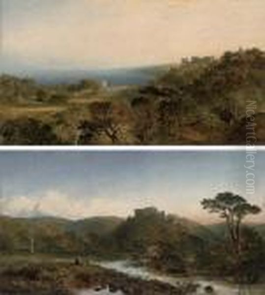 Dunster Castle, Somerset, 
Looking West Towards Dunkery Beacon, The River Anvill In The Foreground;
 And Dunster Castle, From Grobfast Hill Overlooking Blue Anchor Bay - view 1