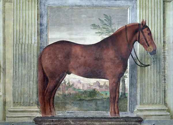 Sala dei Cavalli, detail showing a portrait of a chestnut horse from the stables of Ludovico Gonzaga III of Mantua, its cheek branded with a G, 1528 - view 1
