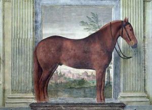 Sala dei Cavalli, detail showing a portrait of a chestnut horse from the stables of Ludovico Gonzaga III of Mantua, its cheek branded with a G, 1528