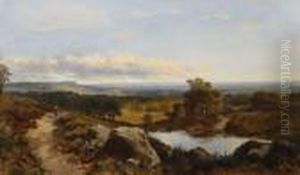 Extensive Landscape Withfigure On A Path By A Rustic Cottage And Pond by Edmund John Niemann