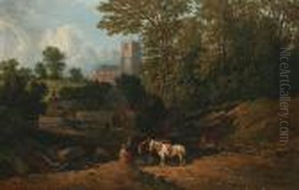 Timber Yard In A Woodland Clearing, With Horses And Figures, A Church Visible Beyond - view 1