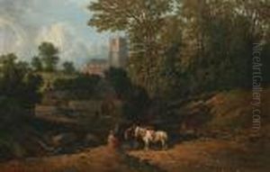 Timber Yard In A Woodland Clearing, With Horses And Figures, A Church Visible Beyond