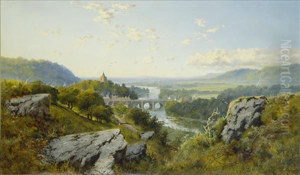 Darley Dalebridge, On The
Derwent, Derbyshire, An Extensive Summer Landscapewith Figure On A Path
In Evening Sunlight - view 1