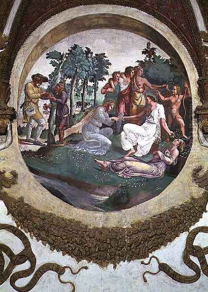 Scene showing that those born under the sign of Virgo in conjunction with the constellation of the Crown are bestowed with a love for flowers and gardens, symbolised by young people weaving garlands in a garden, from the Camera dei Venti, 1528 - view 1
